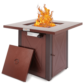 28" 50000 BTU Outdoor Propane Gas Fire Pits Table, Square Brown Texture Outdside Patio Firepits Fireplace Dinning Coffee Tables with Lid & Lava Rock (Color: as Pic)