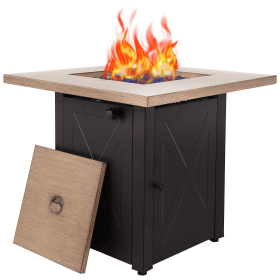 28inch Outdoor Gas Fire Pit Table , 48,000 BTU, Square Outdside Propane Patio Firetable, ETL Certification, Bionic Wood Grain Lid, for Backyard (Color: as Pic)